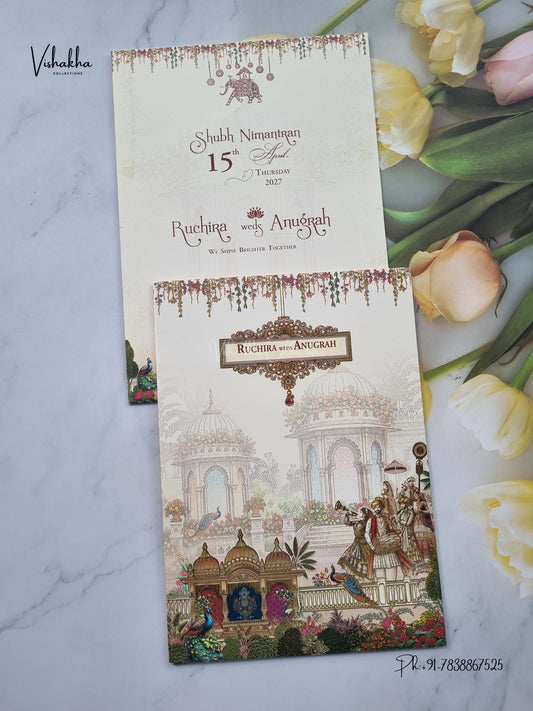 Barat Raj Mahal Peacock Hindu Sikh Jain invitation Cards CR-408 – image 1