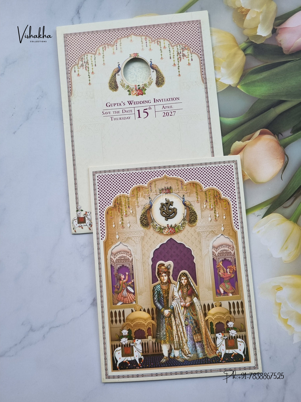 Ganesh Ji Dulah Dulhan Peacock Hindu Jain invitation Cards CR-409 – image 1