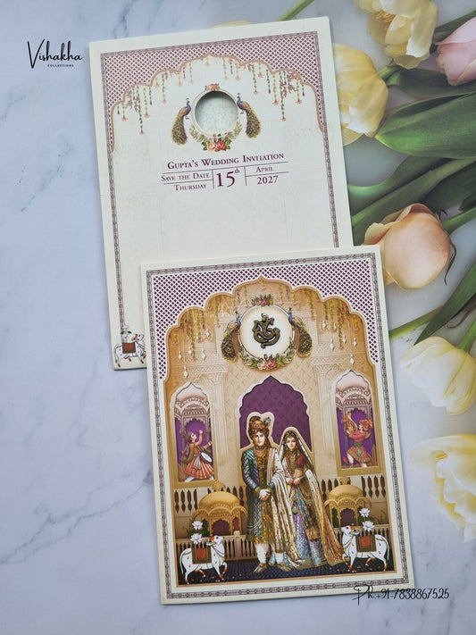 Ganesh Ji Dulah Dulhan Peacock Hindu Jain invitation Cards CR-409 – image 1