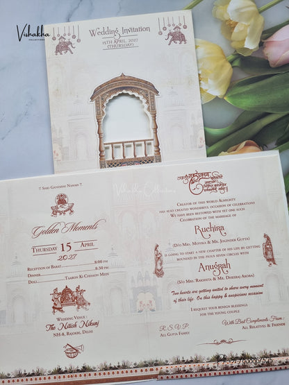 Dulah Dulhan Raj Mahal Jharokha Hindu Sikh Jain invitation Cards CR-411 – image 3