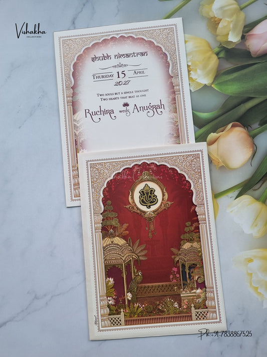 Ganesh Ji Jharokha Peacock Hindu Jain invitation Cards CR-412-1 – image 1