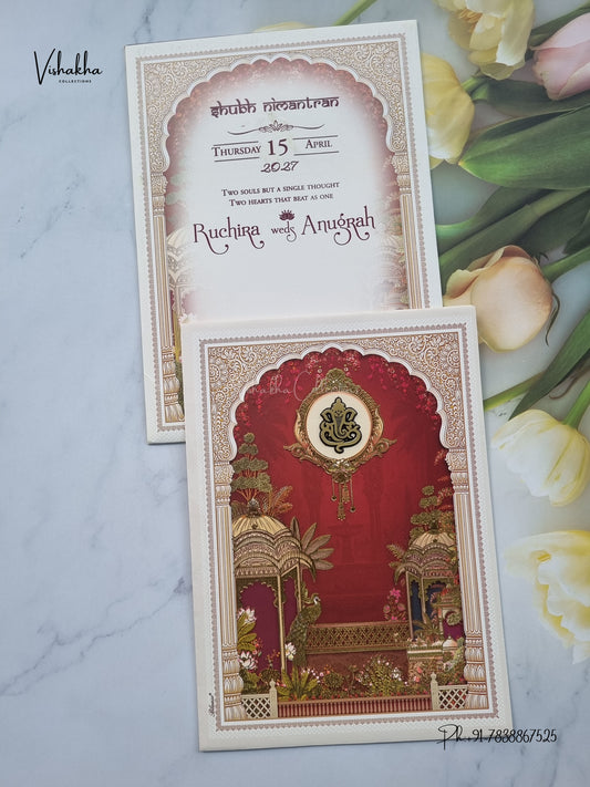 Ganesh Ji Jharokha Peacock Hindu Jain invitation Cards CR-412 – image 1
