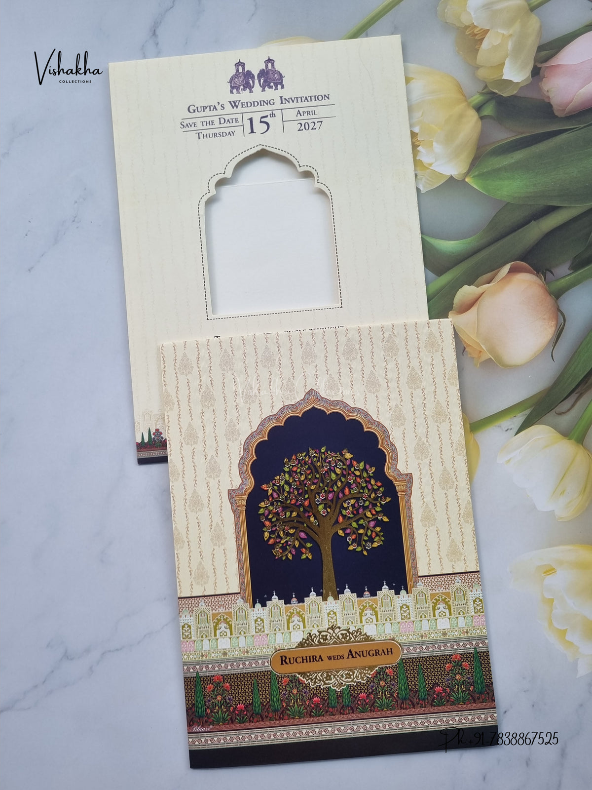 Wisdom Tree Jharokha Raj Mahal Hindu Muslim Christian Sikh Jain invitation Cards CR-414 – image 1