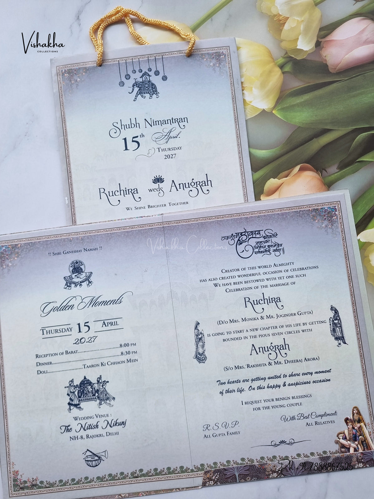 Carry Bag Ganesh Ji Dulah Dulhan Jharokha Hindu Jain invitation Cards CR-415 – image 3
