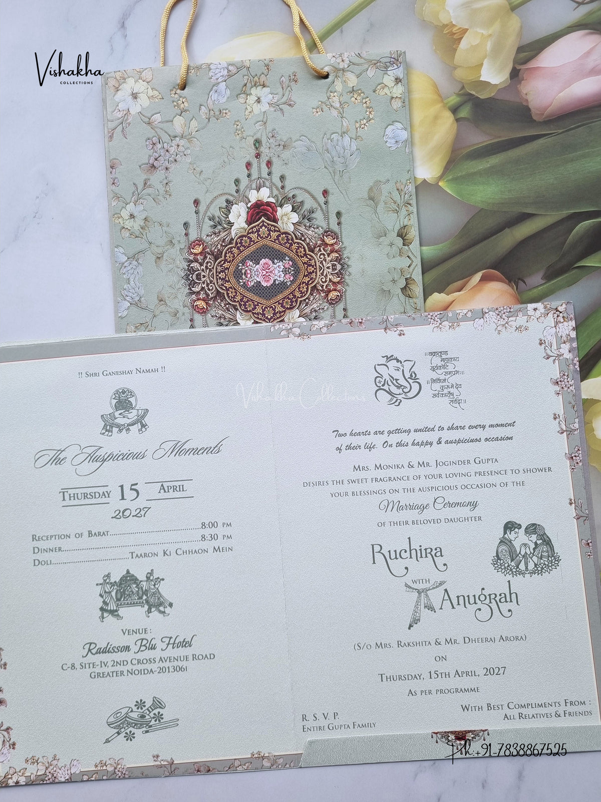 Carry Bag Flower Hindu Muslim Christian Sikh Jain invitation Cards CR-416-1 – image 3