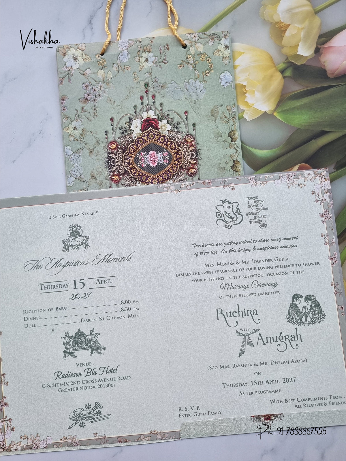 Carry Bag Flower Hindu Muslim Christian Sikh Jain invitation Cards CR-416 – image 3