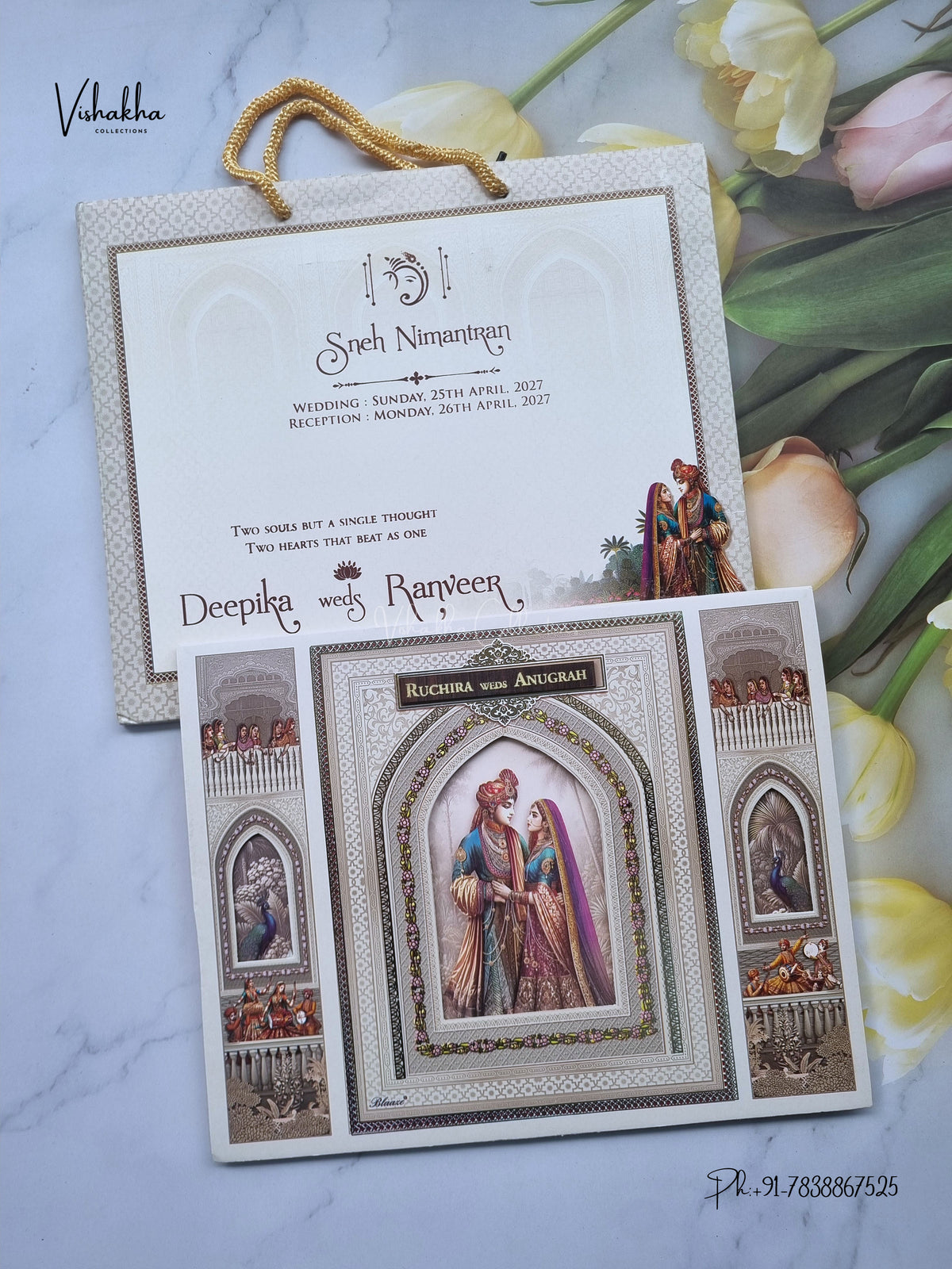 Carry Bag Dulah Dulhan Jharokha Peacock Hindu Sikh Jain invitation Cards CR-417 – image 1
