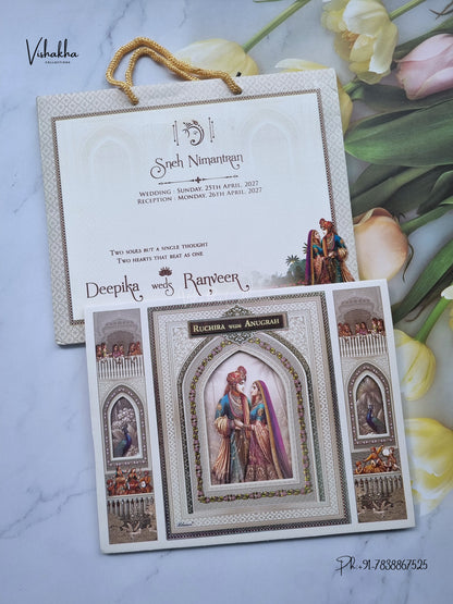Carry Bag Dulah Dulhan Jharokha Peacock Hindu Sikh Jain invitation Cards CR-417 – image 1