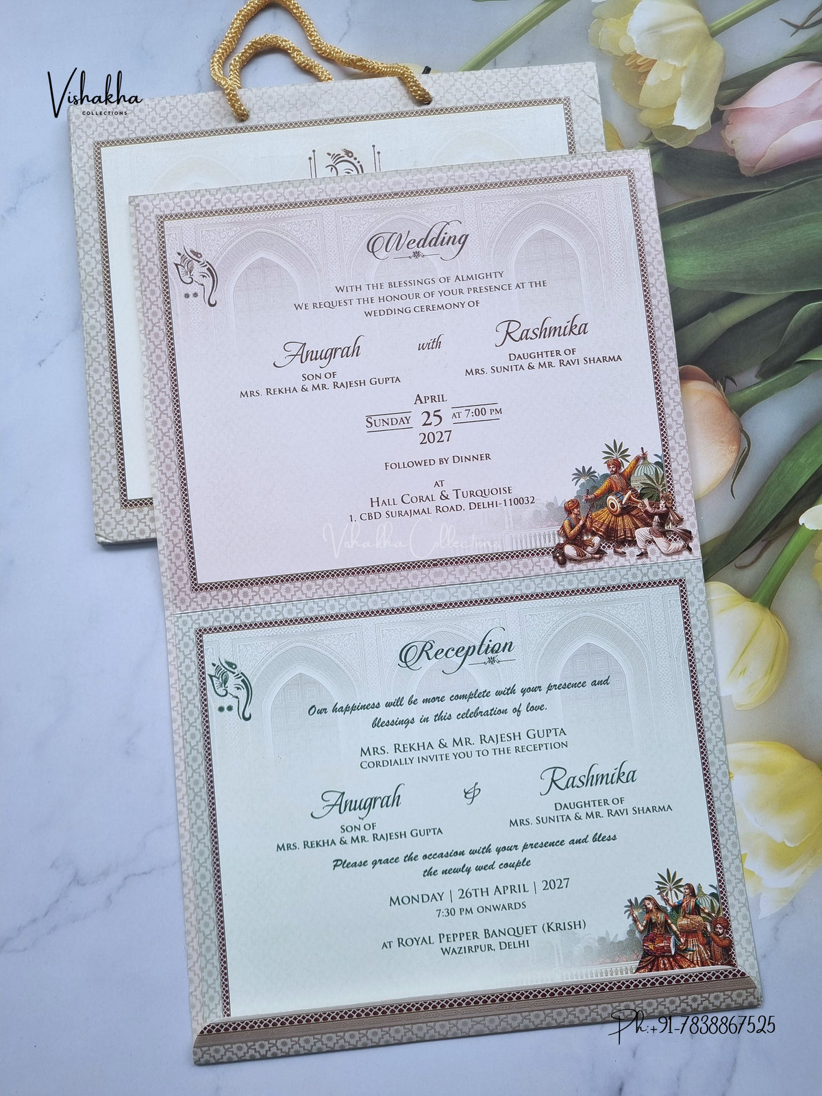Carry Bag Dulah Dulhan Jharokha Peacock Hindu Sikh Jain invitation Cards CR-417 – image 3