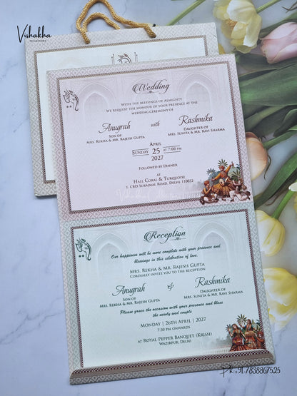 Carry Bag Dulah Dulhan Jharokha Peacock Hindu Sikh Jain invitation Cards CR-417 – image 3