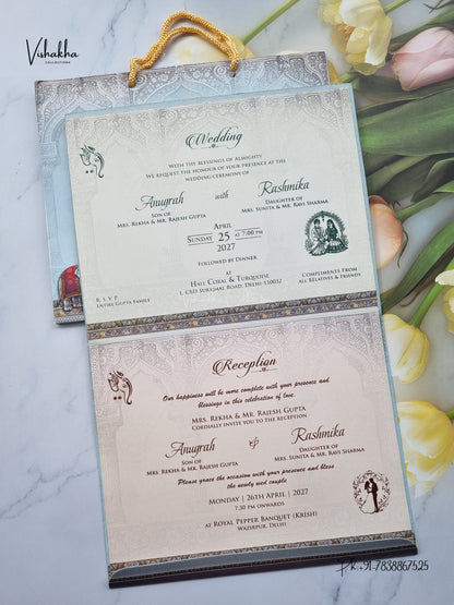 Laser Cut Carry Bag Raj Mahal Jharokha Hathi Hindu Muslim Christian Sikh Jain invitation Cards CR-418 – image 3