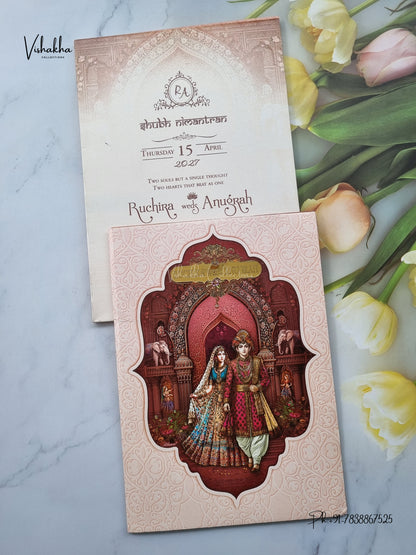 Acrylic Dulah Dulhan Raj Mahal Hathi Hindu Sikh Jain invitation Cards CR-420 – image 1