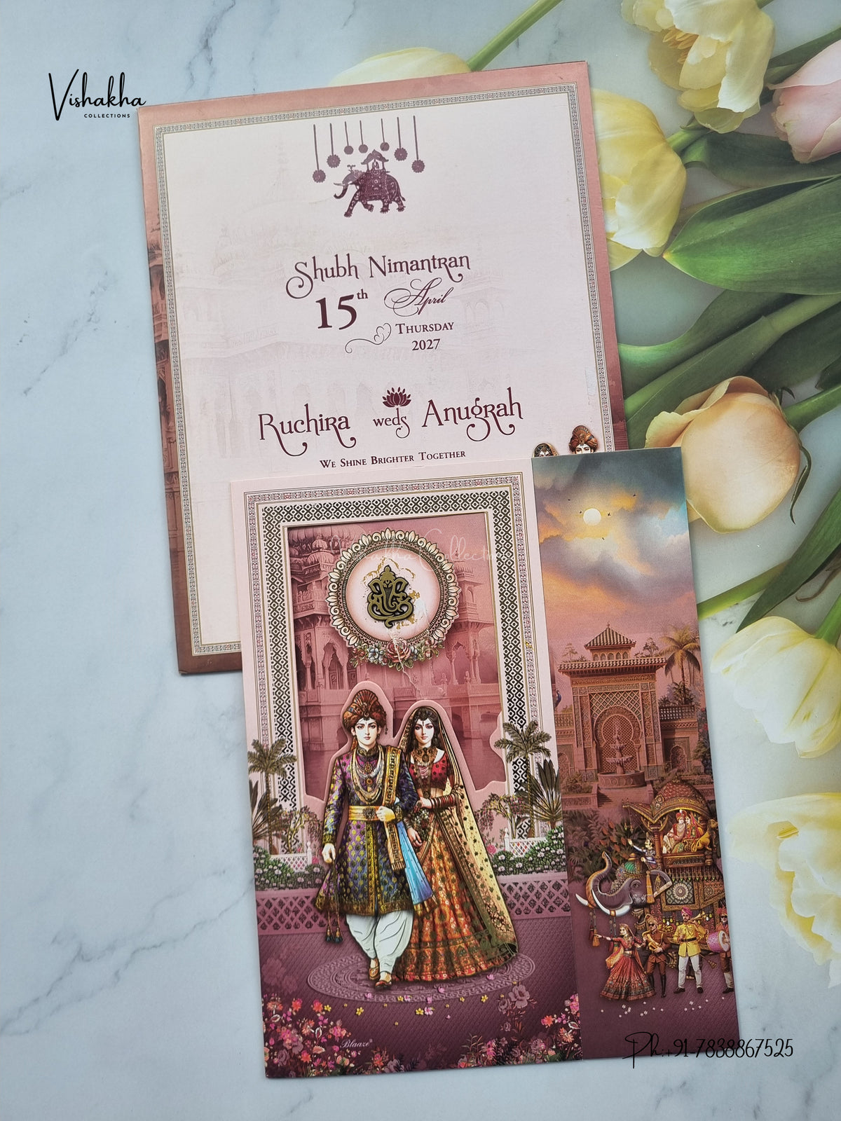 Ganesh Ji Dulah Dulhan Raj Mahal Hindu Jain invitation Cards CR-424 – image 1