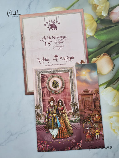 Ganesh Ji Dulah Dulhan Raj Mahal Hindu Jain invitation Cards CR-424 – image 1