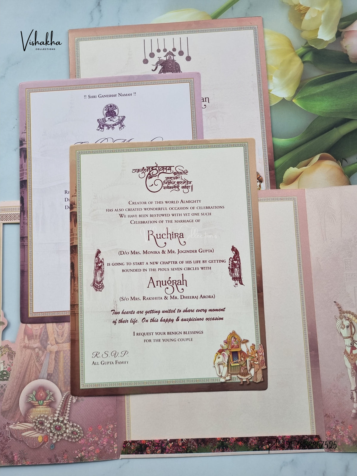 Ganesh Ji Dulah Dulhan Raj Mahal Hindu Jain invitation Cards CR-424 – image 3