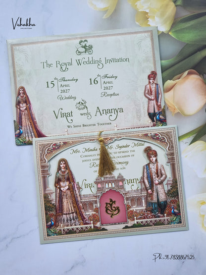 Ganesh Ji Dulah Dulhan Raj Mahal Hindu Jain invitation Cards CR-428 – image 1