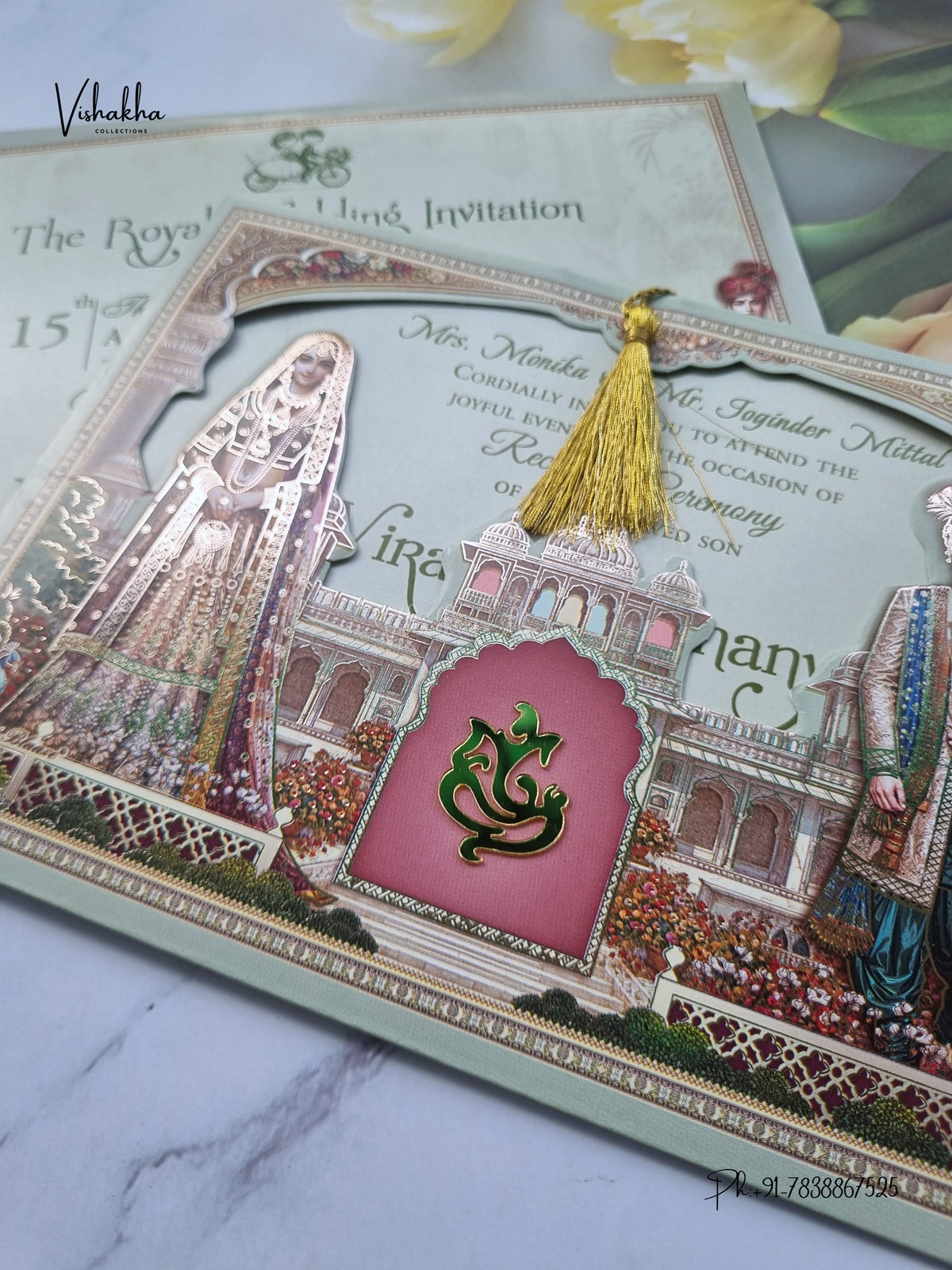 Ganesh Ji Dulah Dulhan Raj Mahal Hindu Jain invitation Cards CR-428 – image 2