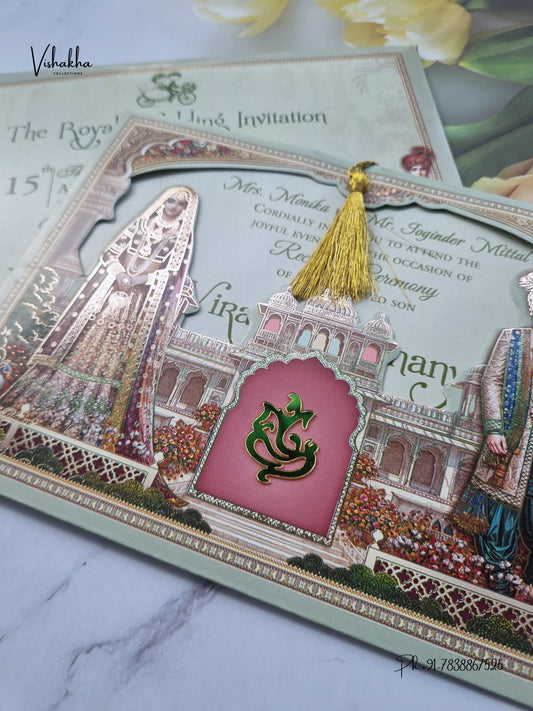 Ganesh Ji Dulah Dulhan Raj Mahal Hindu Jain invitation Cards CR-428 – image 2