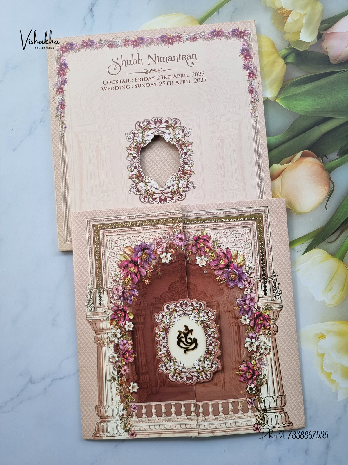 Acrylic Double Door Ganesh Ji Flower Raj Mahal Hindu Jain invitation Cards CR-430 – image 1