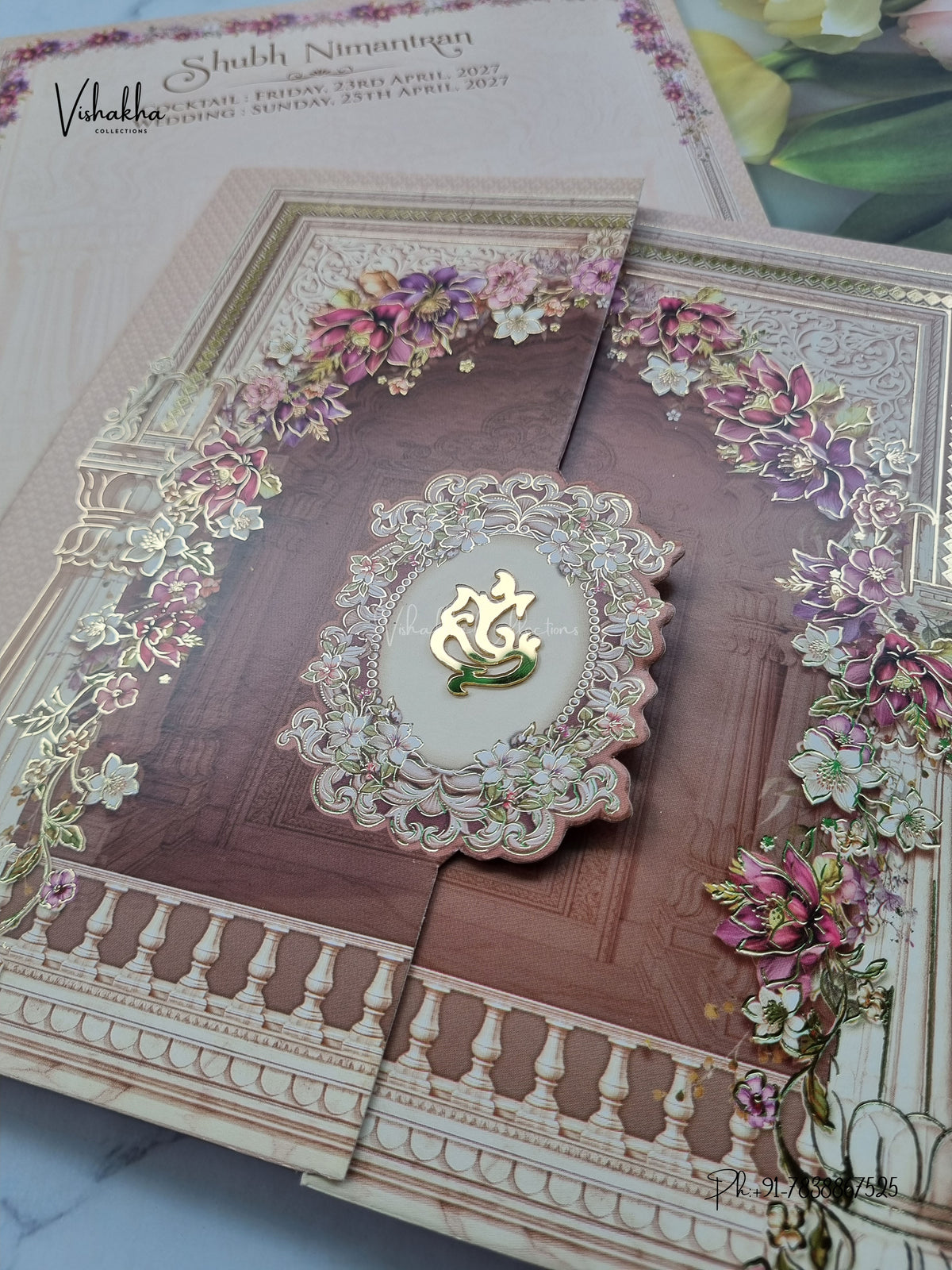 Acrylic Double Door Ganesh Ji Flower Raj Mahal Hindu Jain invitation Cards CR-430 – image 2