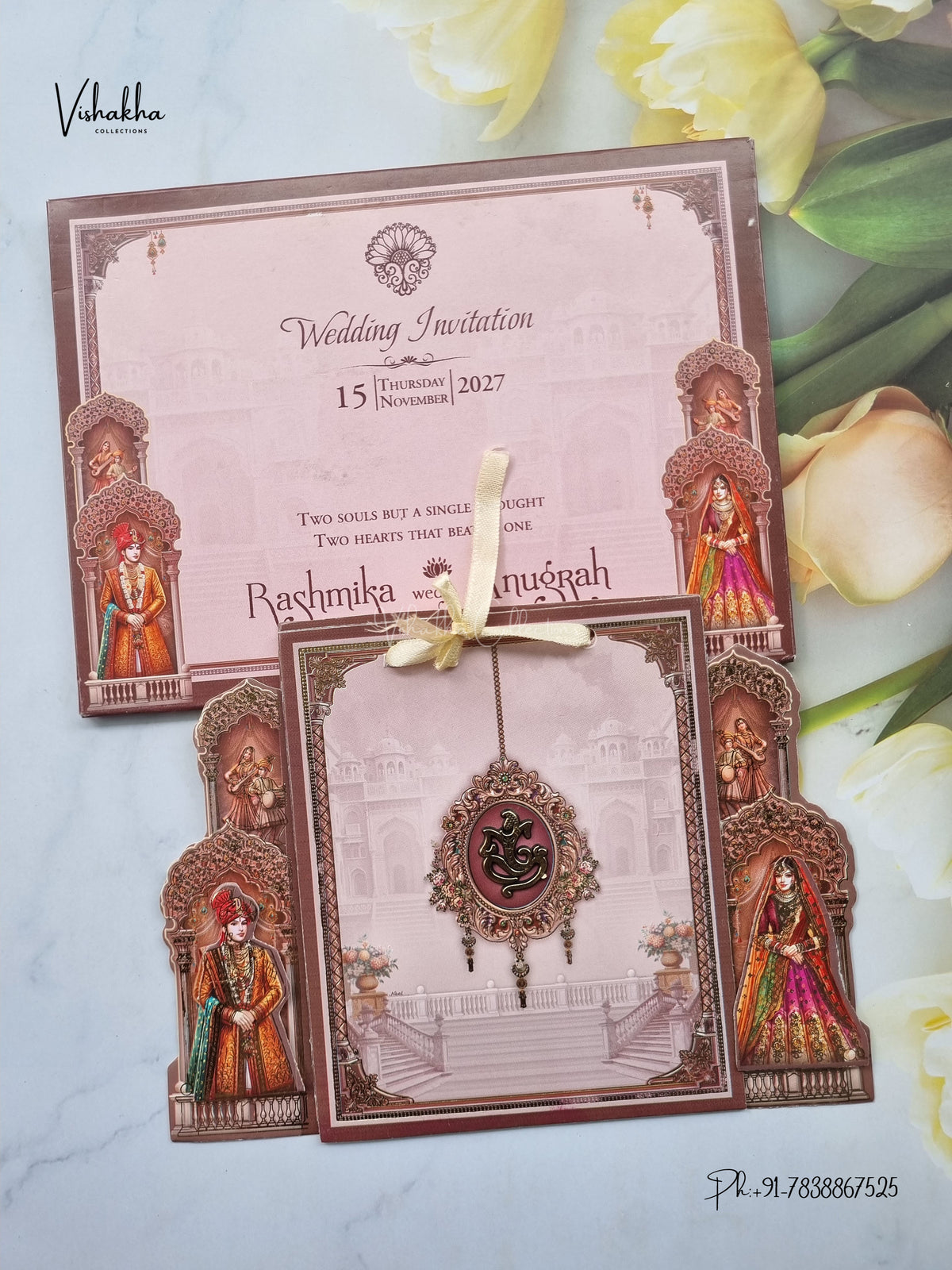 Ribbon Ganesh Ji Dulah Dulhan Jharokha Hindu Jain invitation Cards CR-436 – image 1