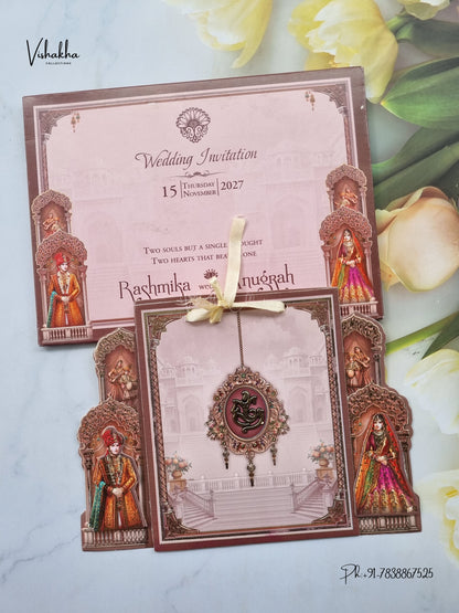 Ribbon Ganesh Ji Dulah Dulhan Jharokha Hindu Jain invitation Cards CR-436 – image 1