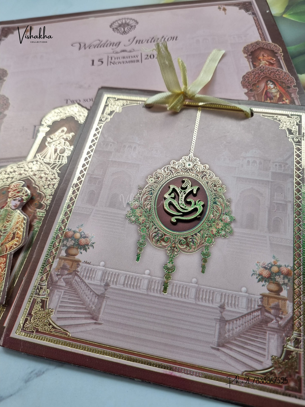 Ribbon Ganesh Ji Dulah Dulhan Jharokha Hindu Jain invitation Cards CR-436 – image 2