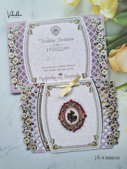 Laser Cut Ribbon Ganesh Ji Rose Jaali Hindu Jain invitation Cards CR-438 – image 1