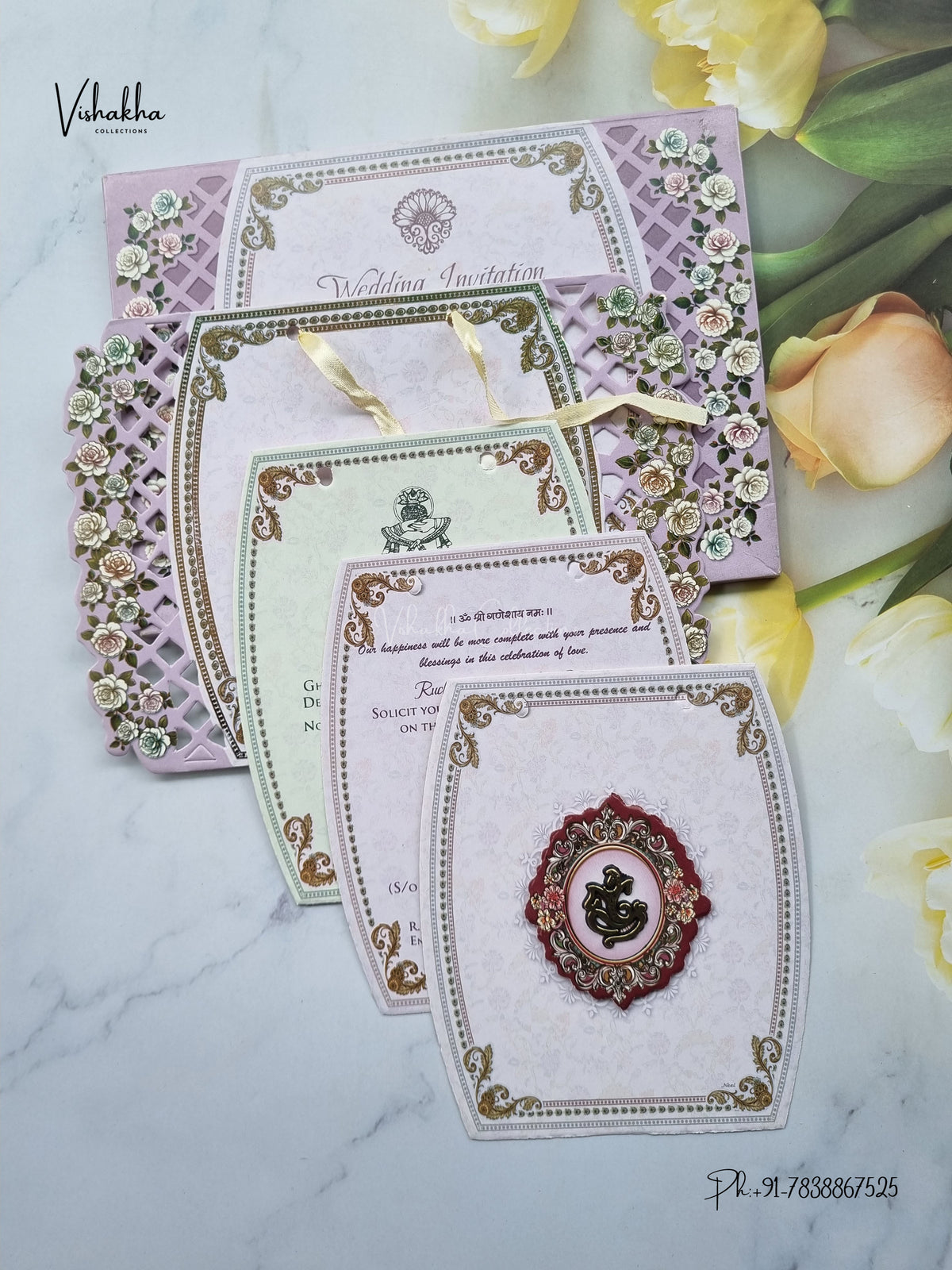 Laser Cut Ribbon Ganesh Ji Rose Jaali Hindu Jain invitation Cards CR-438 – image 3