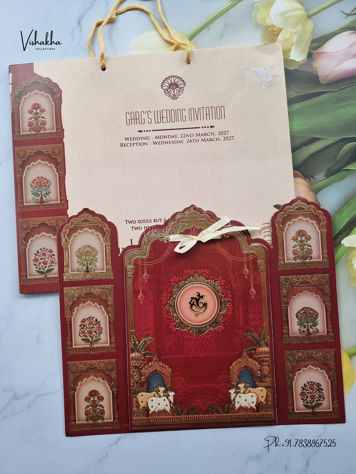 Carry Bag Ribbon Ganesh Ji Jharokha Kamdhenu Cow Hindu Jain invitation Cards CR-440 – image 1