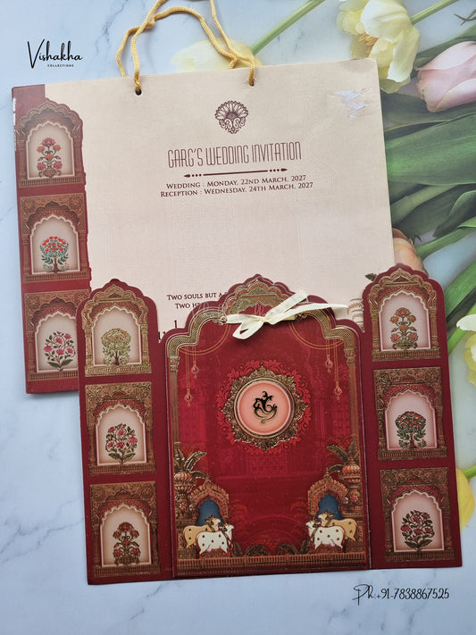 Carry Bag Ribbon Ganesh Ji Jharokha Kamdhenu Cow Hindu Jain invitation Cards CR-440 – image 1