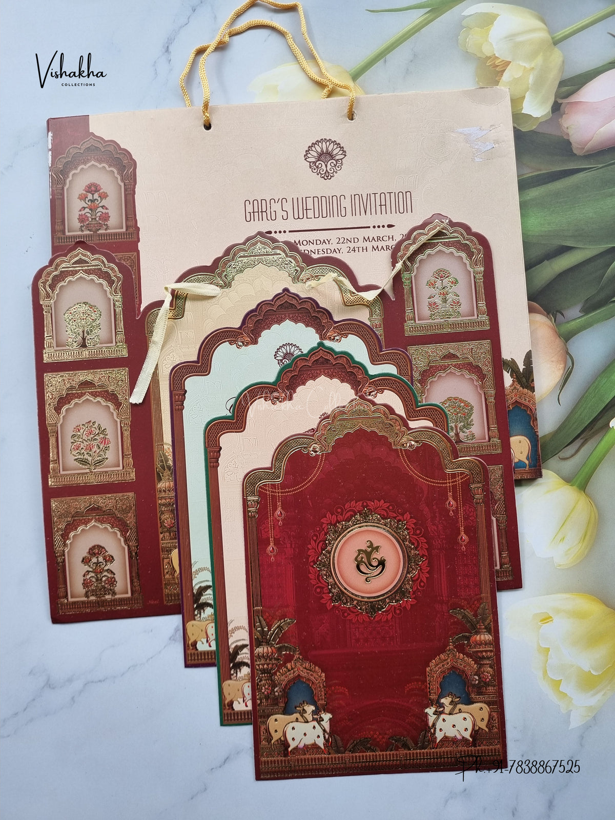 Carry Bag Ribbon Ganesh Ji Jharokha Kamdhenu Cow Hindu Jain invitation Cards CR-440 – image 3