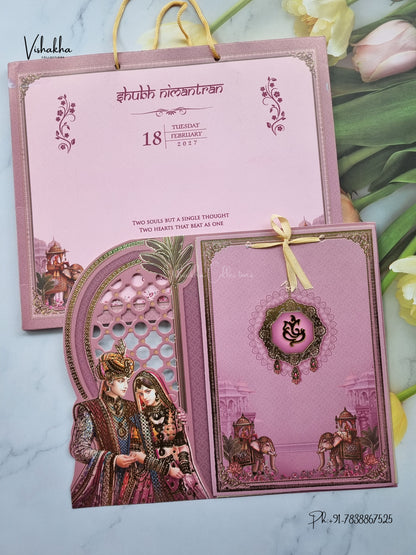 Laser Cut Carry Bag Ribbon Ganesh Ji Dulah Dulhan Jaali Hindu Jain invitation Cards CR-441 – image 1