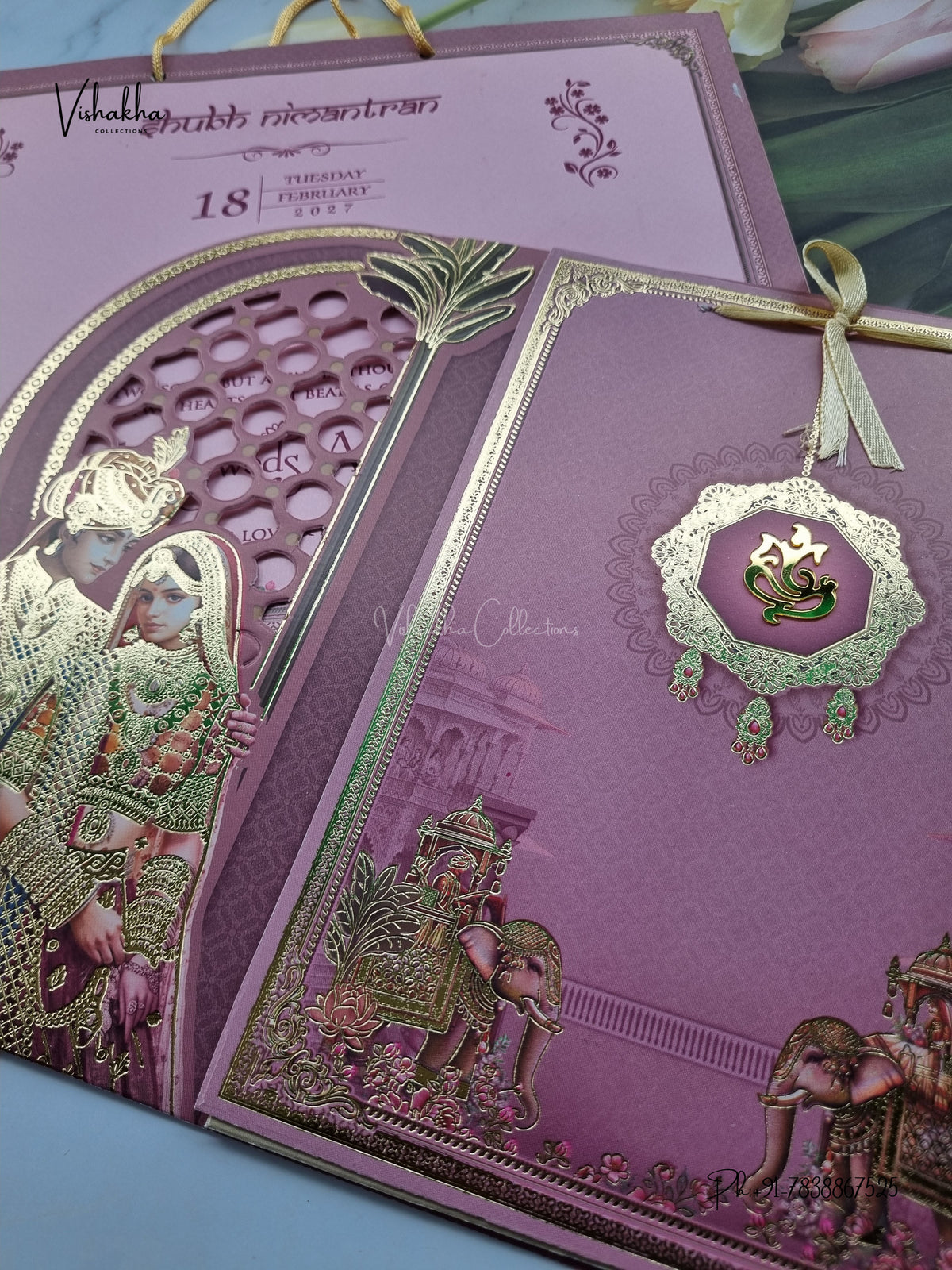 Laser Cut Carry Bag Ribbon Ganesh Ji Dulah Dulhan Jaali Hindu Jain invitation Cards CR-441 – image 2