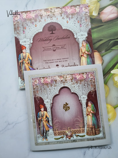 Acrylic Ganesh Ji Dulah Dulhan Jharokha Hindu Jain invitation Cards CR-444 – image 1
