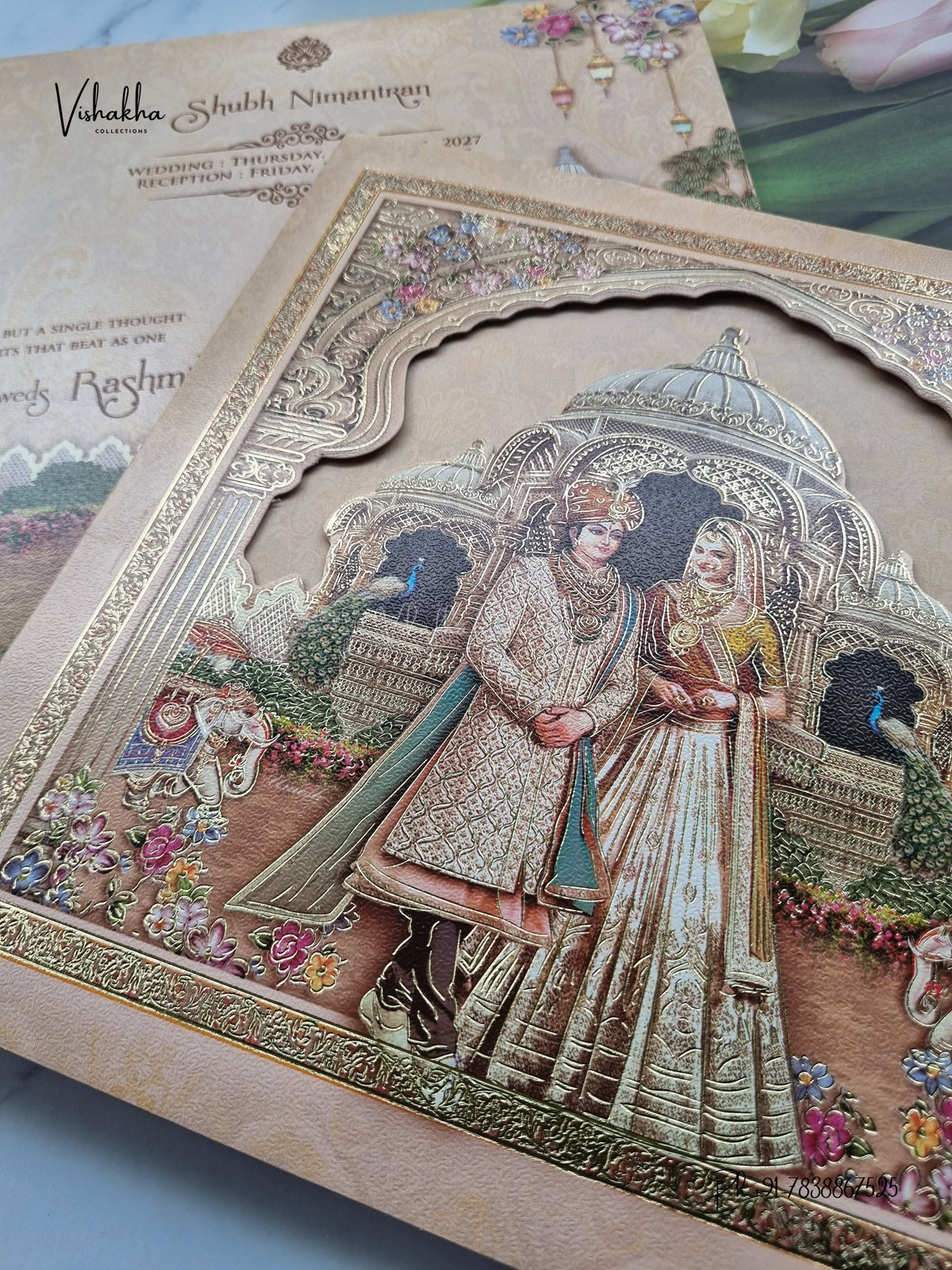 Dulah Dulhan Raj Mahal Peacock Hindu Sikh Jain invitation Cards CR-445 – image 2