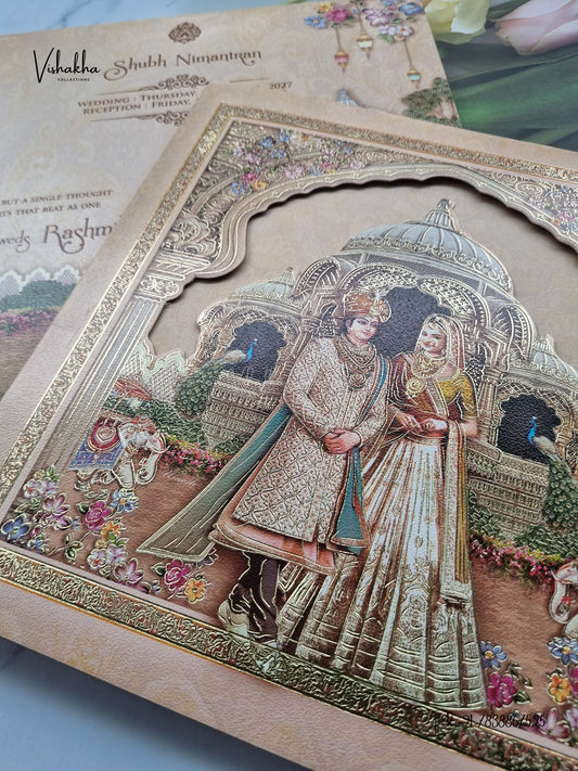 Dulah Dulhan Raj Mahal Peacock Hindu Sikh Jain invitation Cards CR-445 – image 2