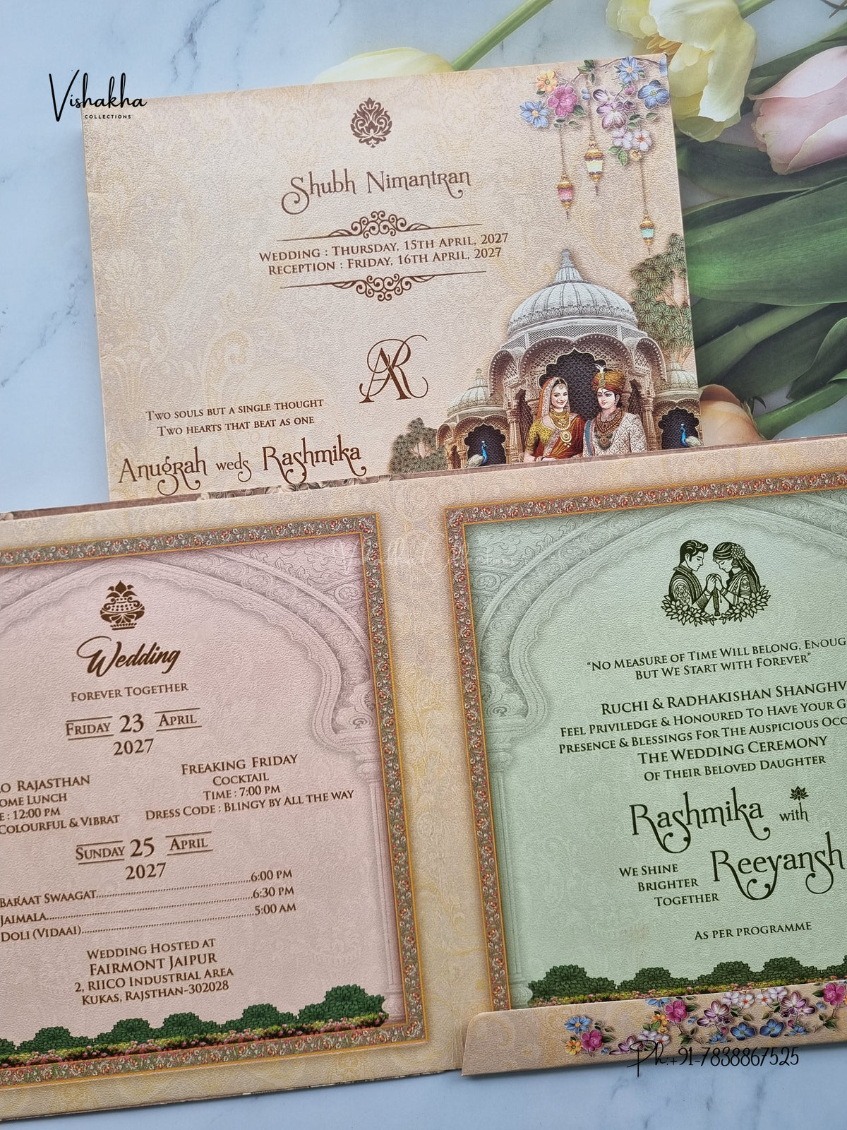 Dulah Dulhan Raj Mahal Peacock Hindu Sikh Jain invitation Cards CR-445 – image 3