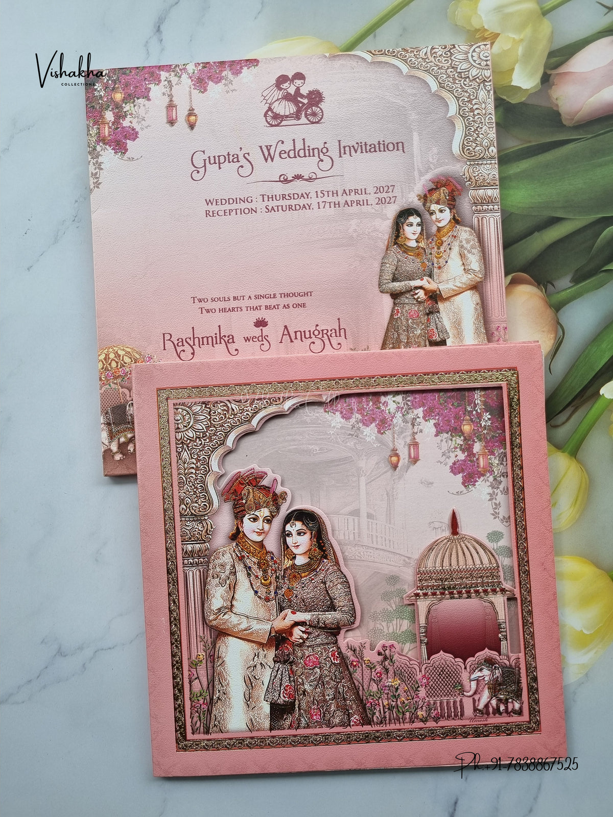 Dulah Dulhan Raj Mahal Flower Hindu Sikh Jain invitation Cards CR-446 – image 1