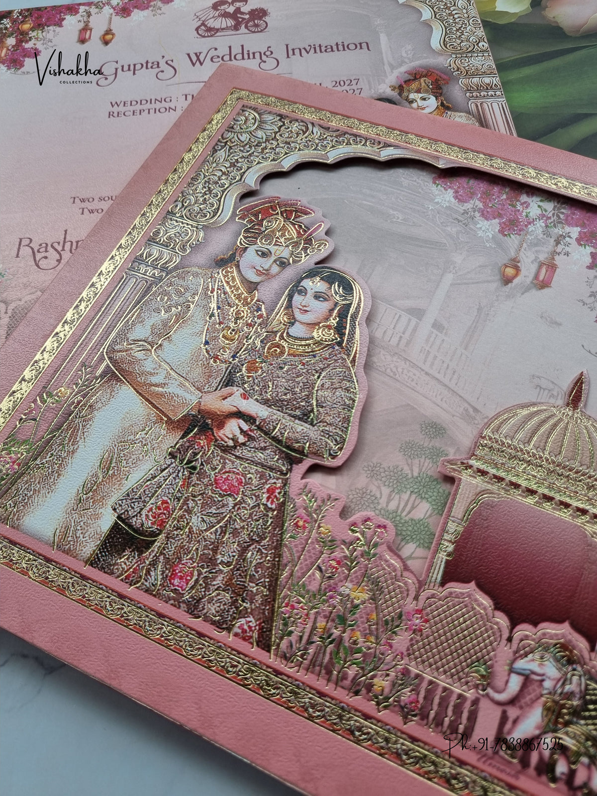 Dulah Dulhan Raj Mahal Flower Hindu Sikh Jain invitation Cards CR-446 – image 2
