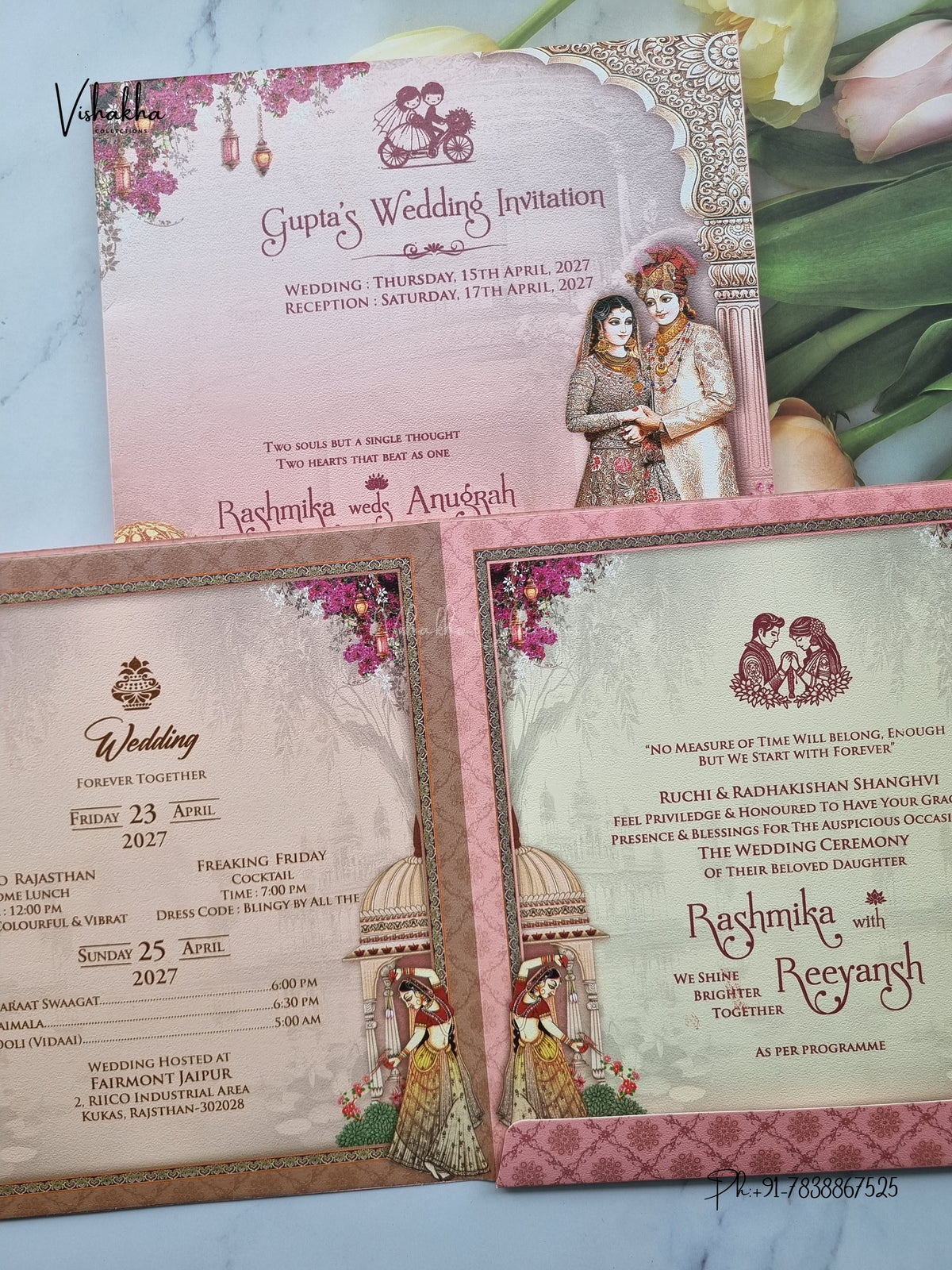 Dulah Dulhan Raj Mahal Flower Hindu Sikh Jain invitation Cards CR-446 – image 3