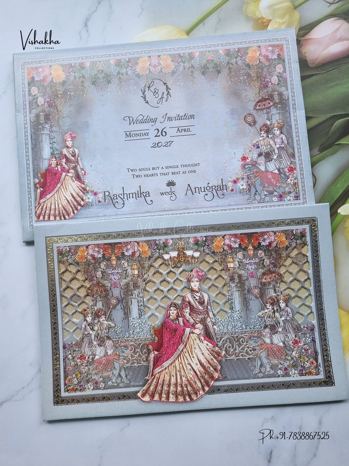 Laser Cut Dulah Dulhan Barat Jaali Hindu Sikh Jain invitation Cards CR-447 – image 1