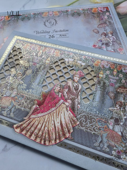 Laser Cut Dulah Dulhan Barat Jaali Hindu Sikh Jain invitation Cards CR-447 – image 2