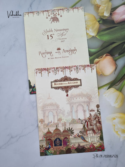 Barat Dulah Dulhan Peacock Hindu Sikh Jain invitation Cards CR-451 – image 1
