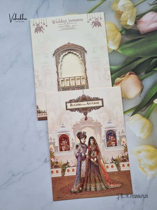 Dulah Dulhan Jharokha Raj Mahal Hindu Sikh Jain invitation Cards CR-453 – image 1