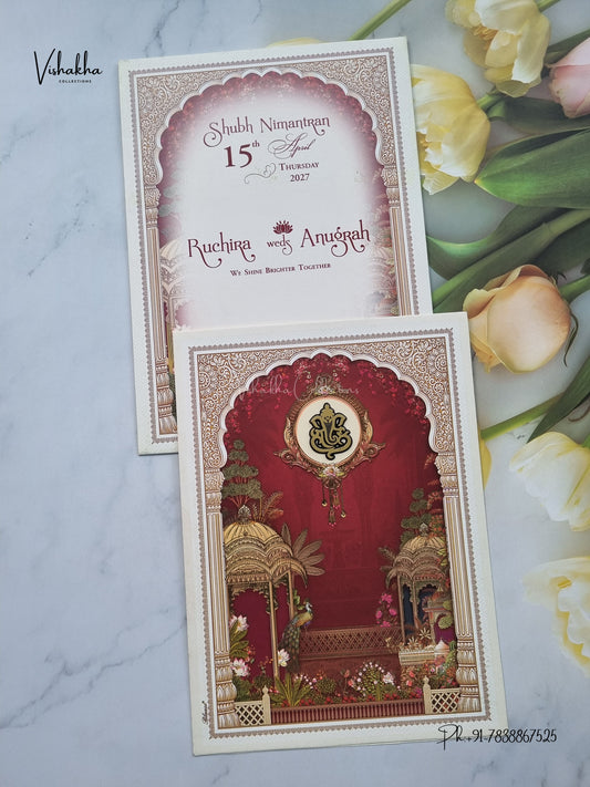 Ganesh Ji Jharokha Peacock Hindu Jain invitation Cards CR-454 – image 1