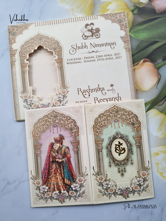 Acrylic Double Door Ganesh Ji Dulah Dulhan Jharokha Hindu Jain invitation Cards CR-455 – image 1