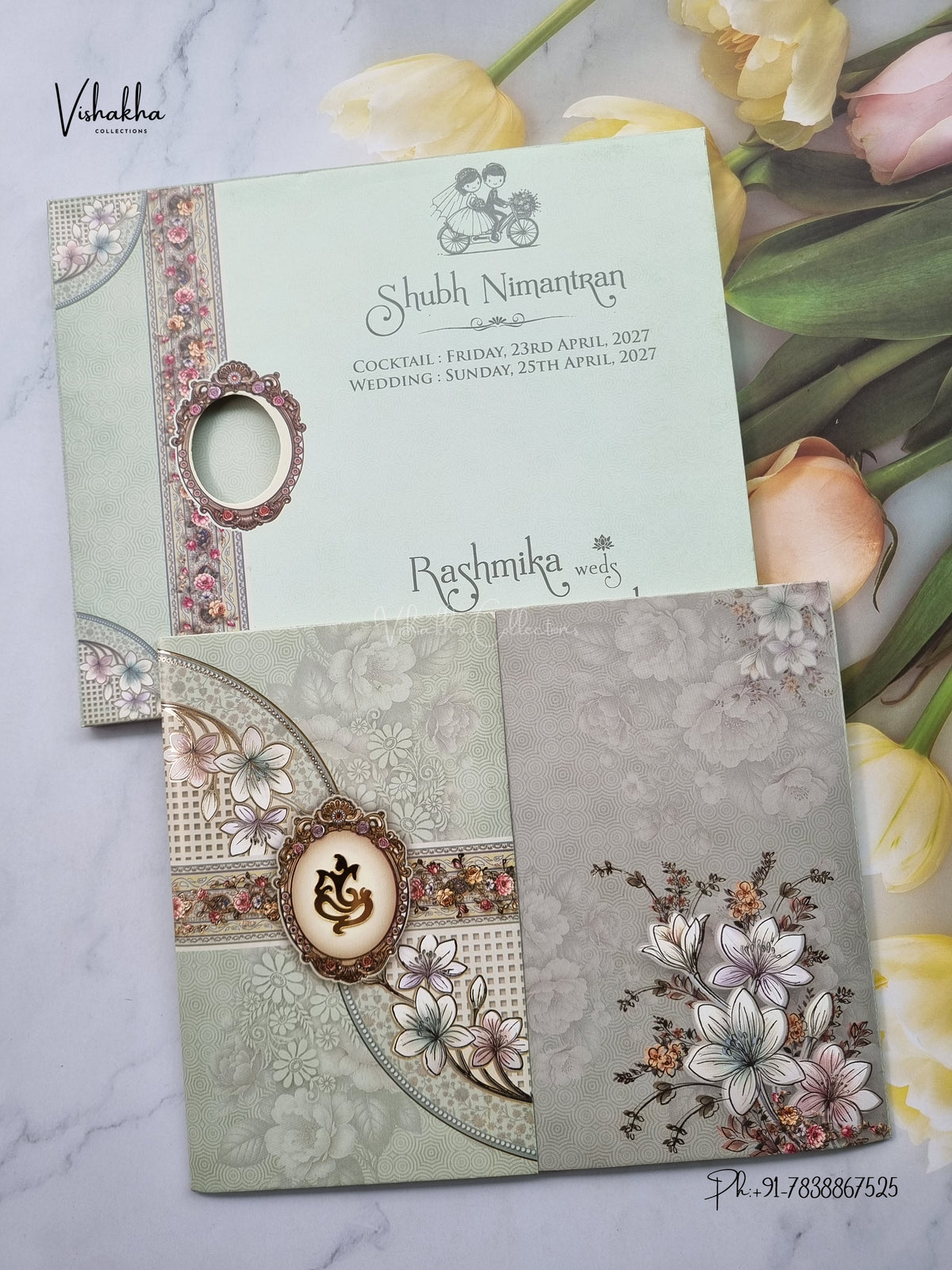 Acrylic Ganesh Ji Flower Hindu Jain invitation Cards CR-456 – image 1
