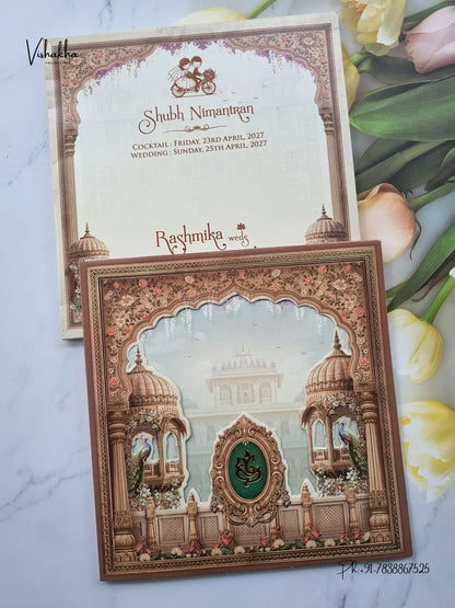 Laser Cut Acrylic Ganesh Ji Jharokha Raj Mahal Hindu Jain invitation Cards CR-457 – image 1