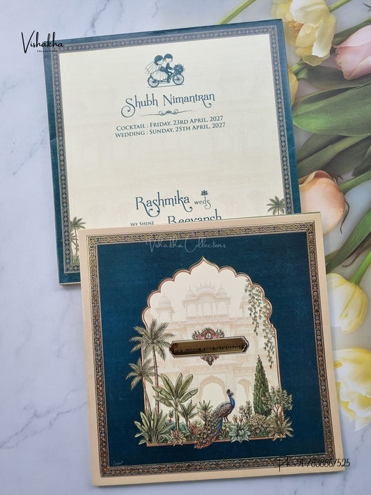 Acrylic Peacock Jharokha Banana Tree Hindu Muslim Christian Sikh Jain invitation Cards CR-458 – image 1
